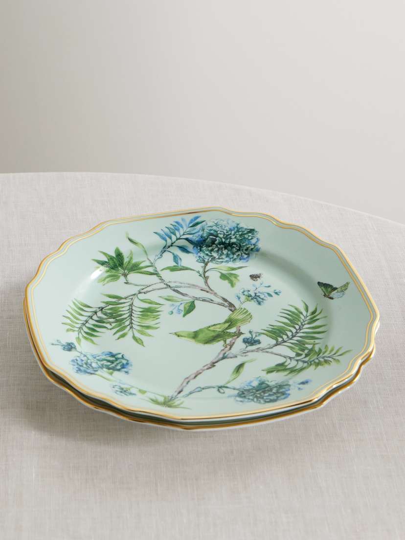 Aquazzura Casa Secret Garden Set Of Two Gold-plated Printed Porcelain Dessert Plates