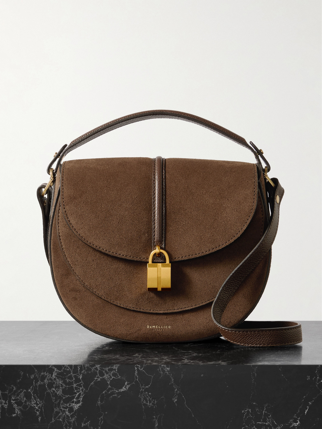 Demellier Siena Saddle Small Leather-trimmed Suede Shoulder Bag In Brown