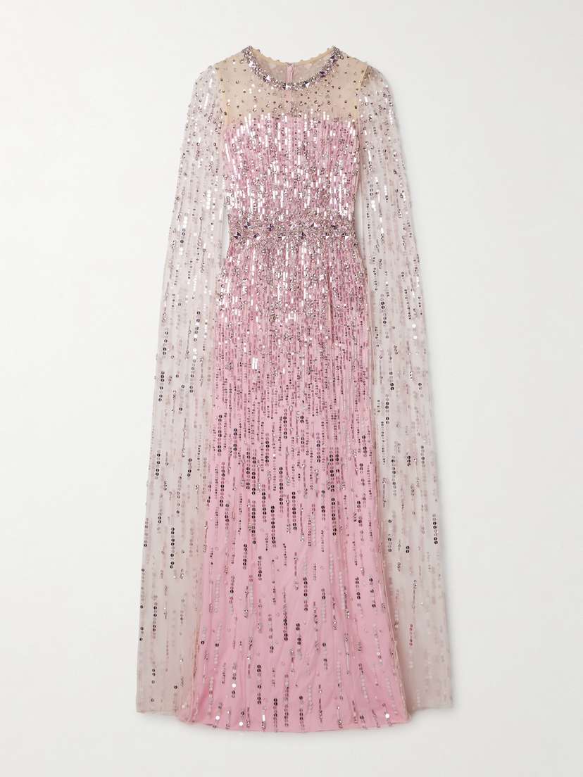Jenny Packham Cape-effect Embellished Tulle Gown