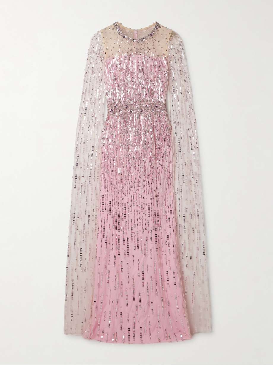 cape-effect embellished tulle gown
