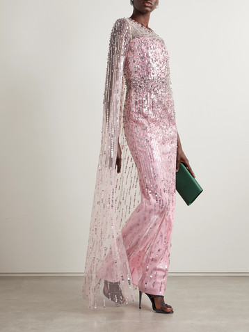 Jenny Packham Cape-effect embellished tulle gown