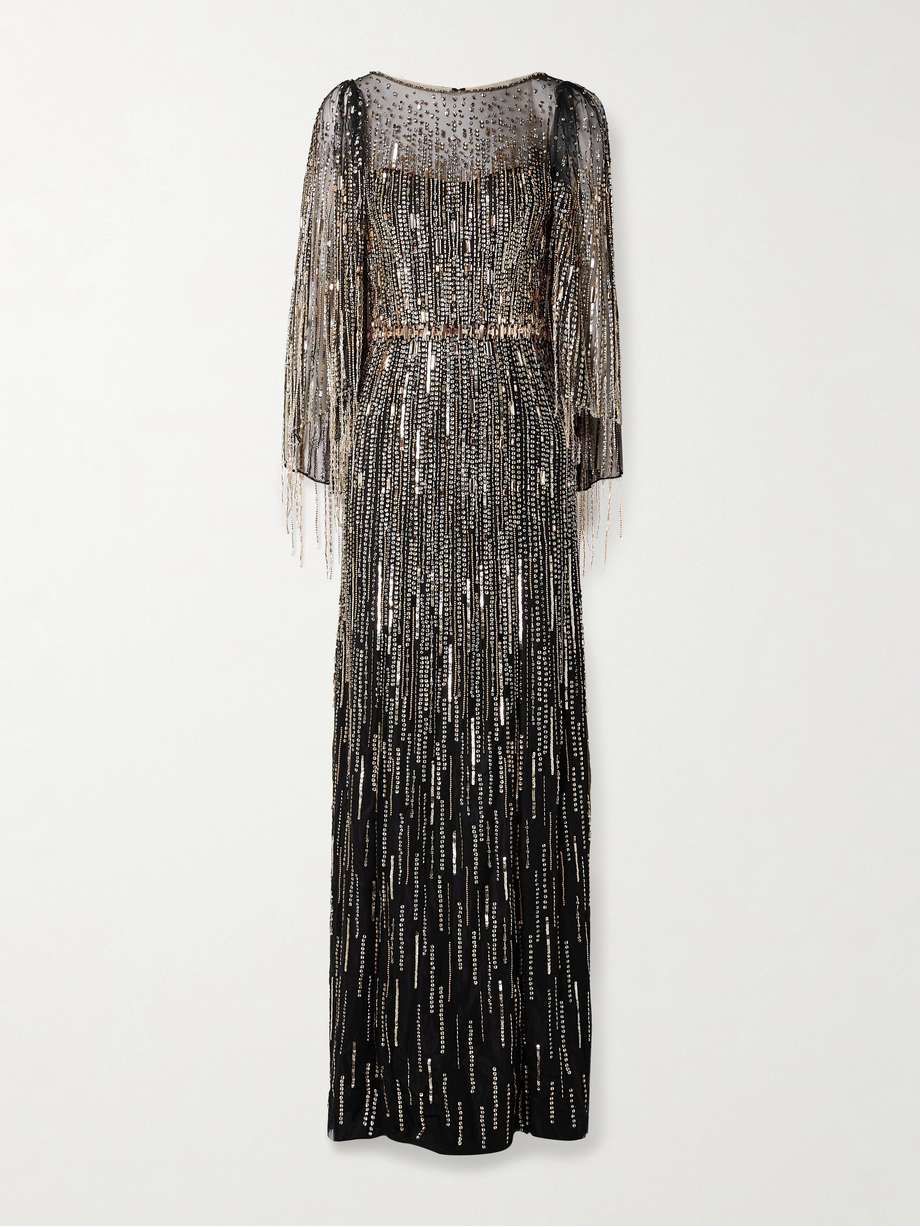 rhapsody fringed embellished tulle gown