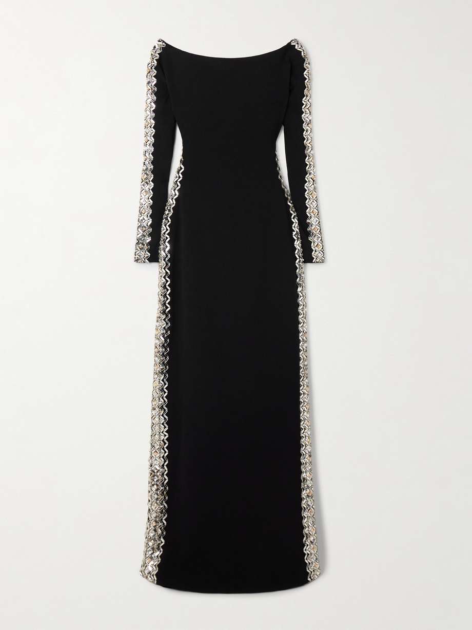 charisma off-the-shoulder crystal-embellished crepe gown