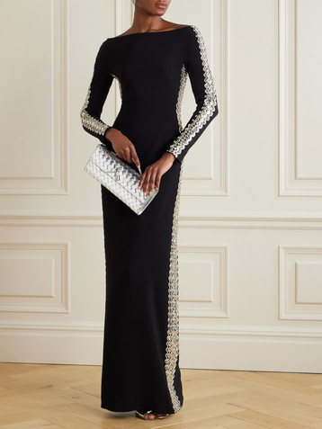 Jenny Packham Charisma off-the-shoulder crystal-embellished crepe gown