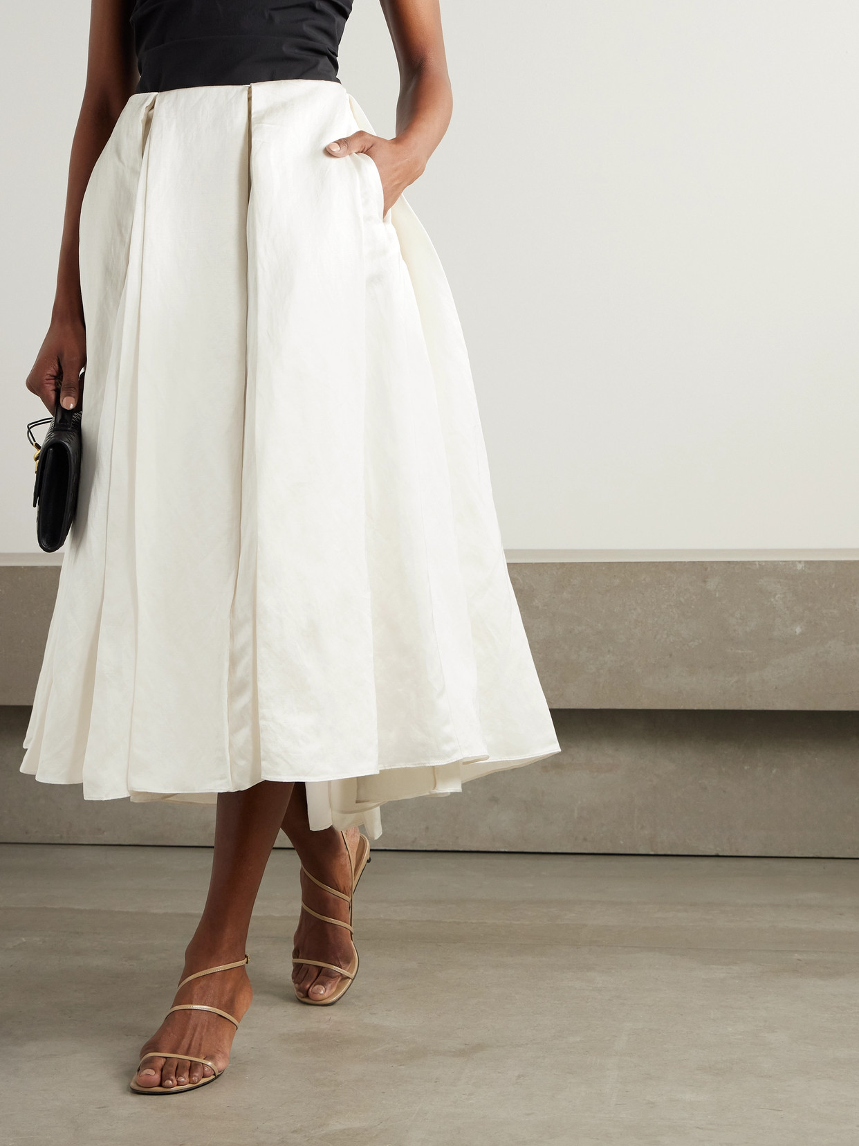 Abadia Elodie Pleated Dupioni Midi Skirt In White
