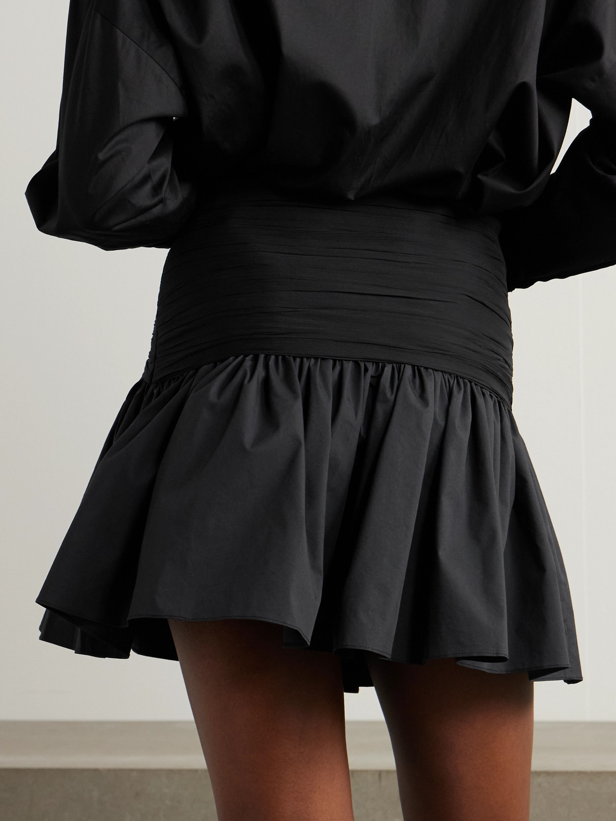 Abadia Ruched Chiffon-trimmed Poplin Mini Skirt In Black