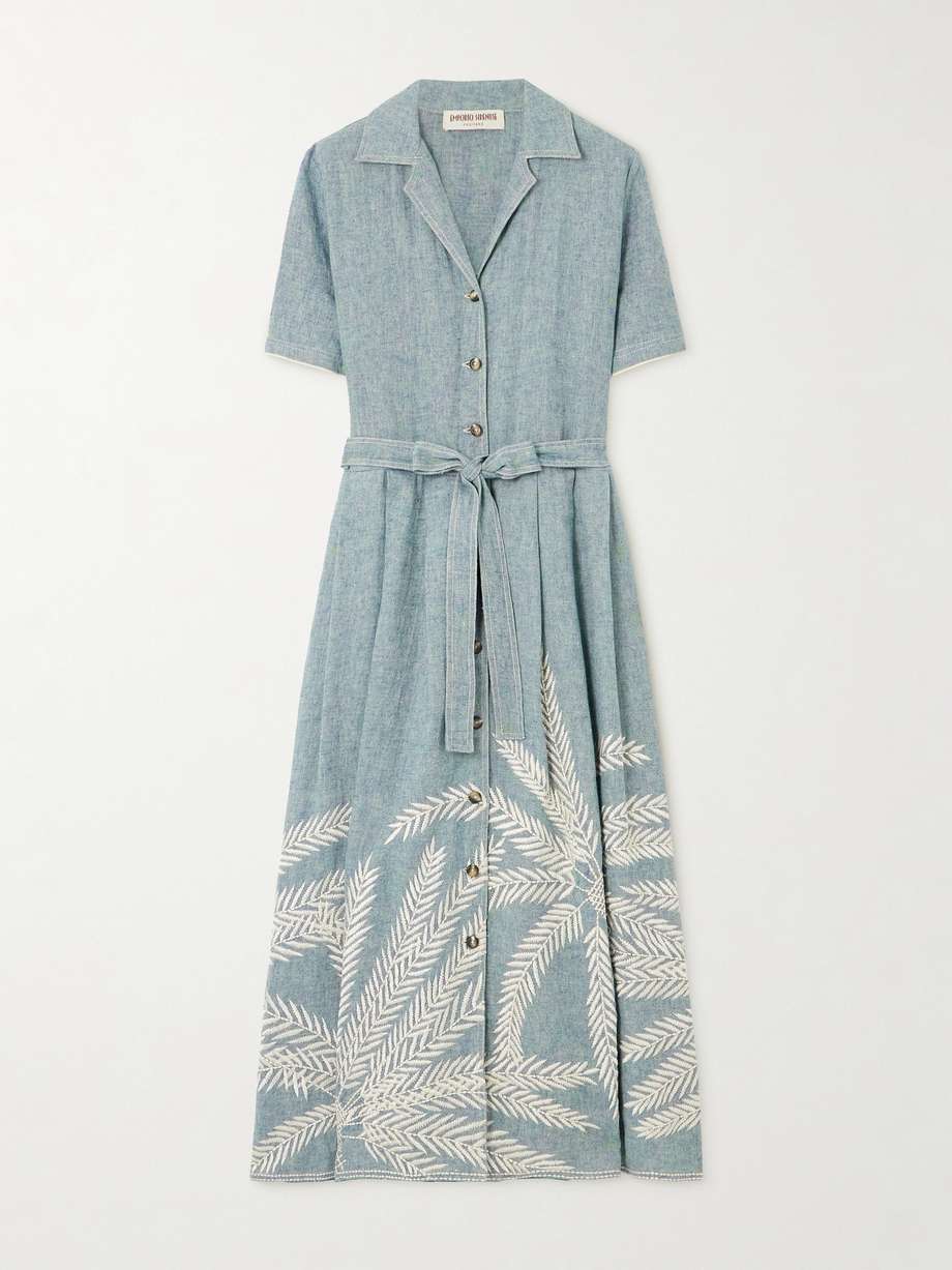 claudia palm belted embroidered ramie and linen-blend midi dress