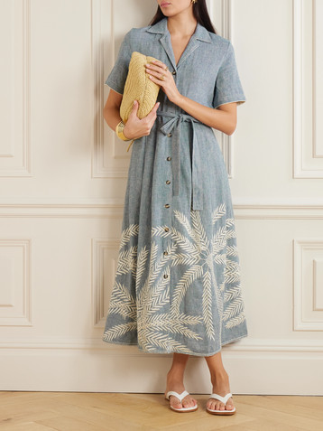 Emporio Sirenuse Claudia Palm belted embroidered ramie and linen-blend midi dress