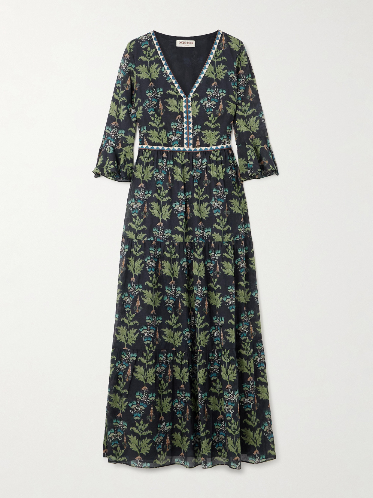 Emporio Sirenuse Bella Embroidered Printed Cotton-poplin Maxi Dress In Blue