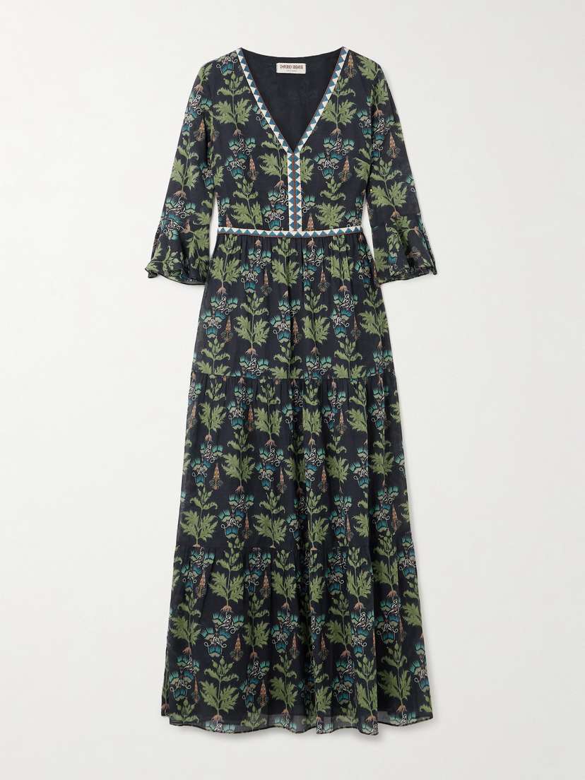 Emporio Sirenuse Bella Embroidered Printed Cotton-poplin Maxi Dress