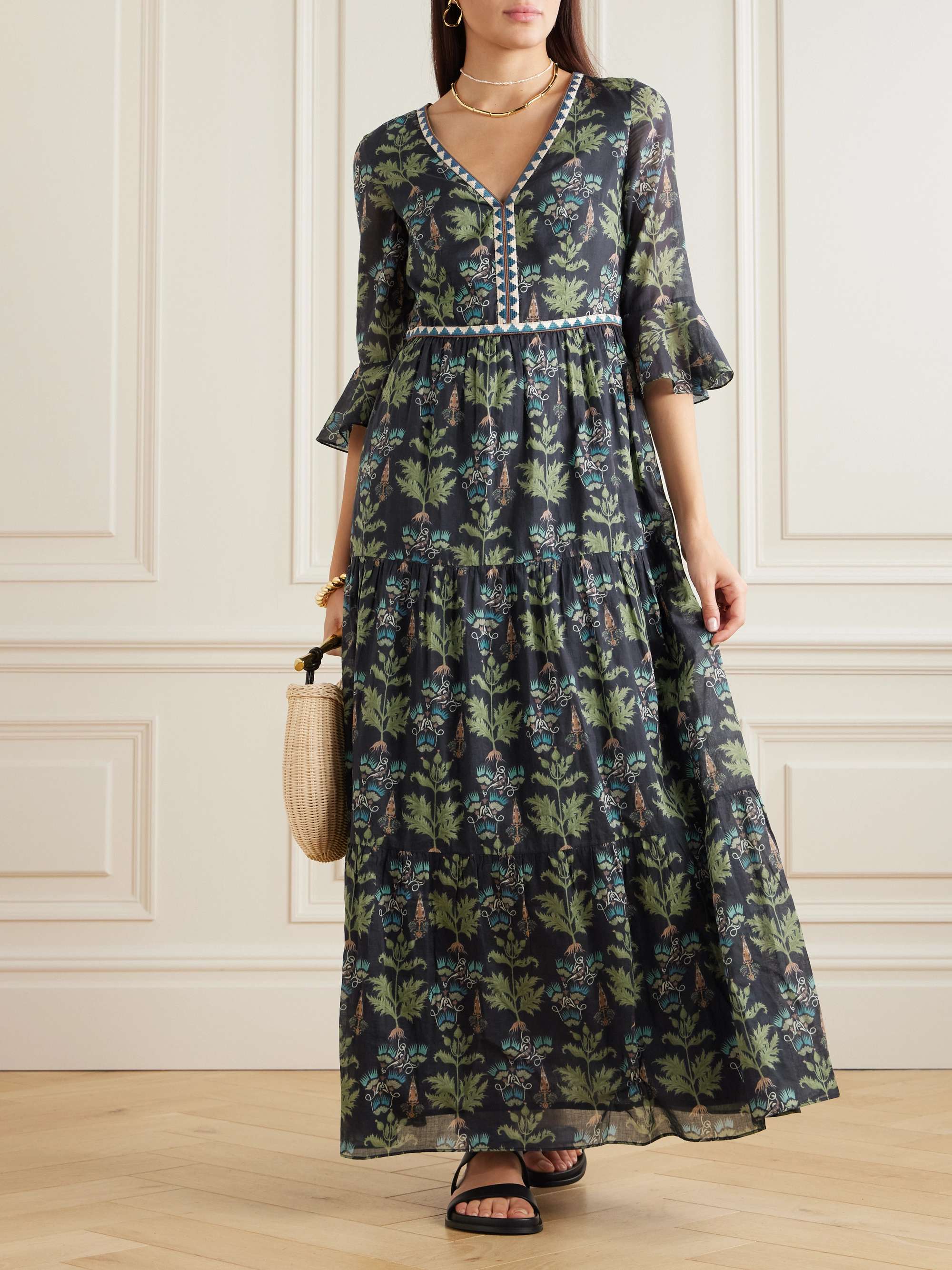 Blue Bella embroidered printed cotton-poplin maxi dress