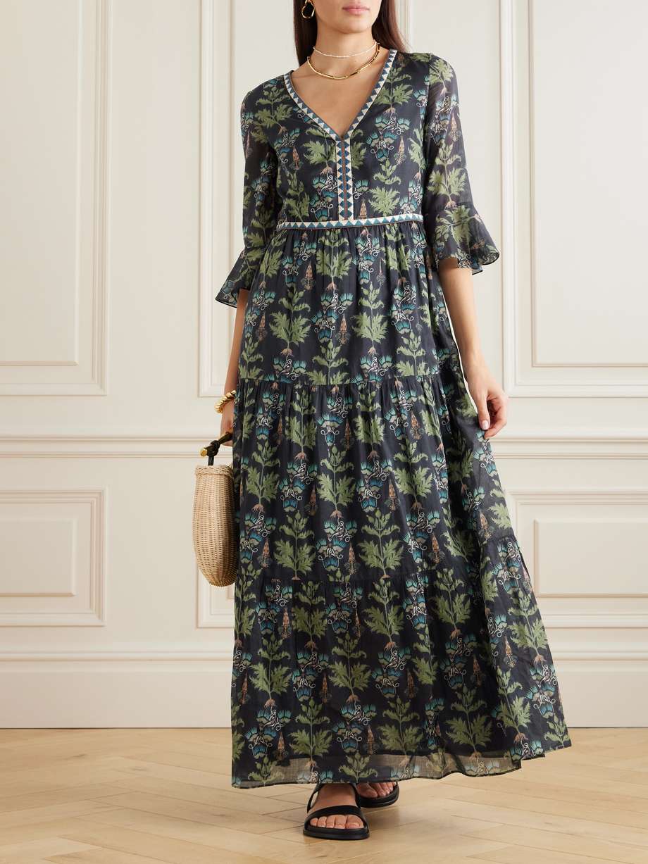 bella embroidered printed cotton-poplin maxi dress