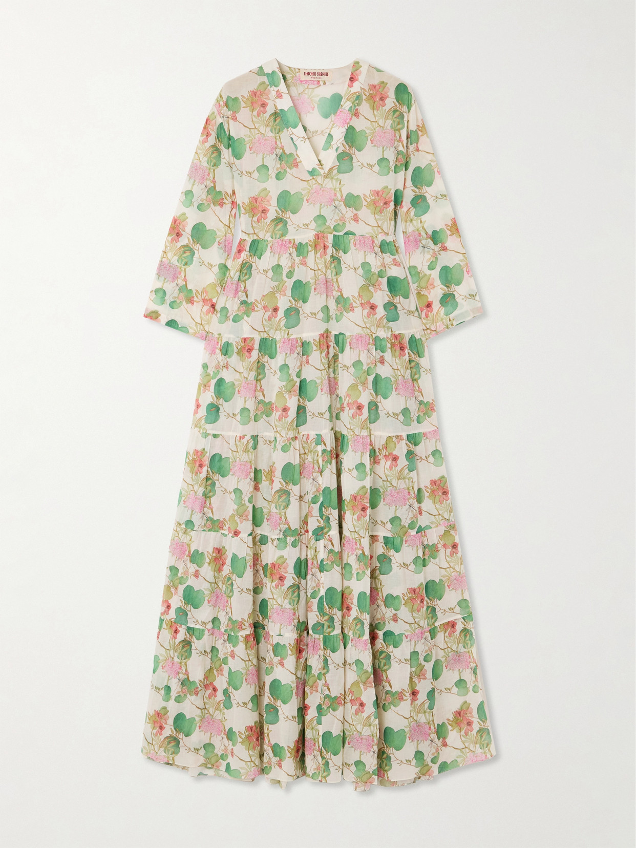 Emporio Sirenuse Alba Tiered Pleated Printed Cotton-poplin Maxi Dress In Neutrals