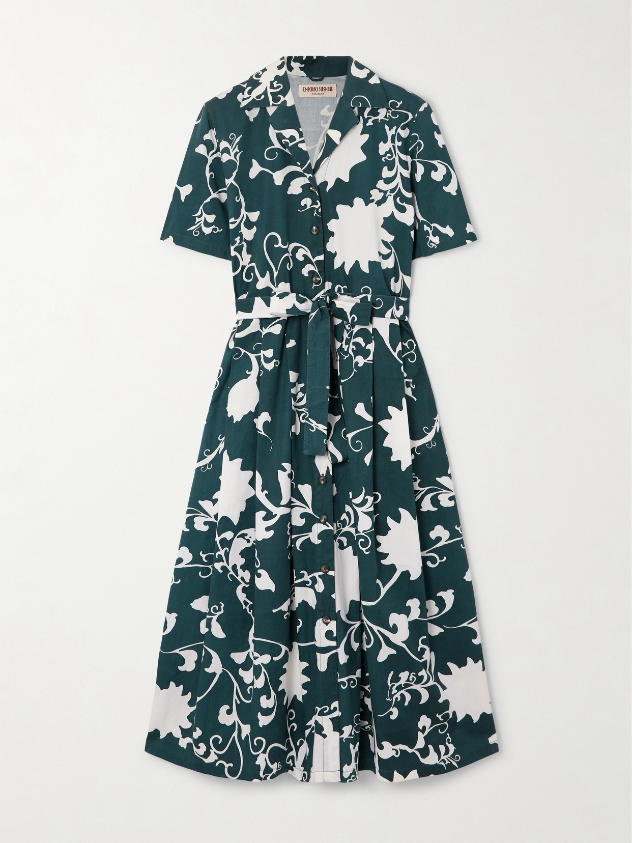 Emporio Sirenuse Claudia Belted Pleated Floral-print Cotton Midi Dress In Blue