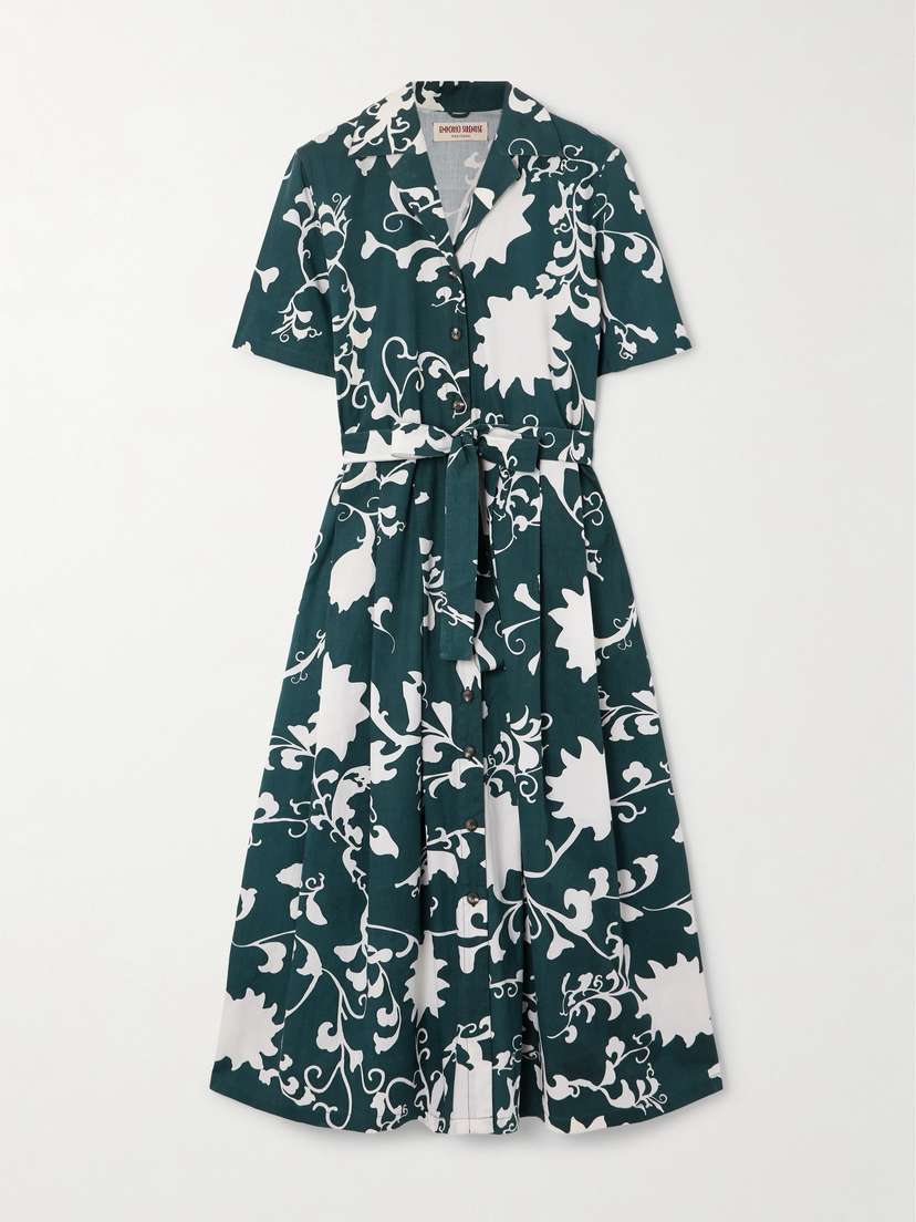 Emporio Sirenuse Claudia Belted Pleated Floral-print Cotton Midi Dress