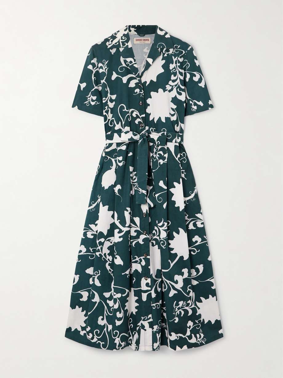 claudia belted pleated floral-print cotton midi dress