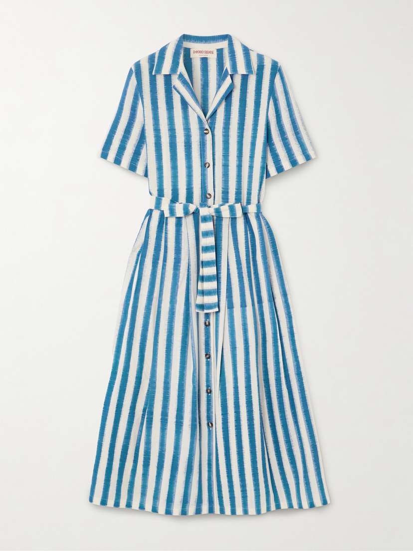 Emporio Sirenuse Claudia Belted Pleated Striped Cotton Midi Shirt Dress
