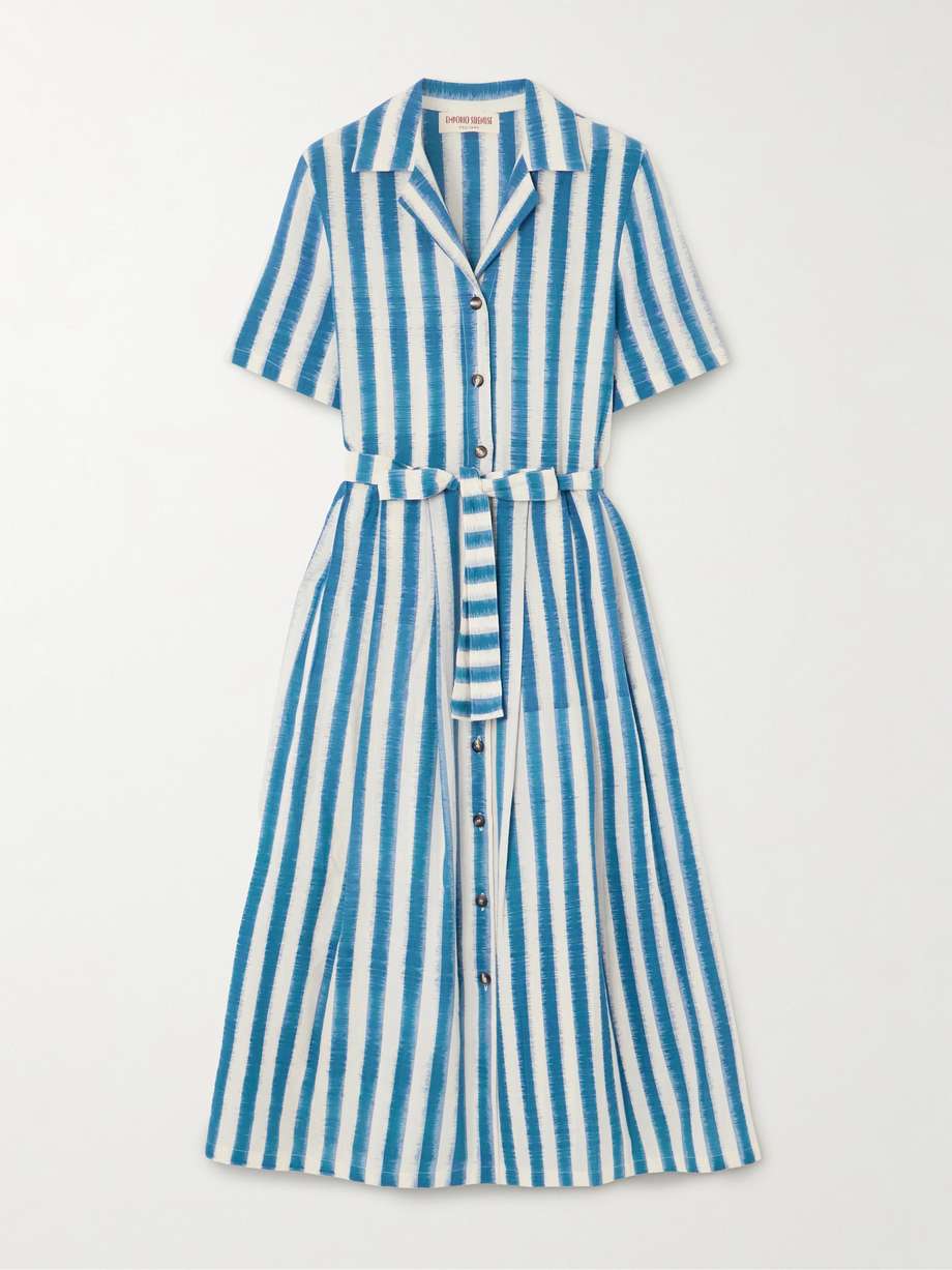 claudia belted pleated striped cotton midi shirt dress