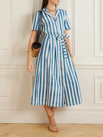 Emporio Sirenuse Claudia belted pleated striped cotton midi shirt dress