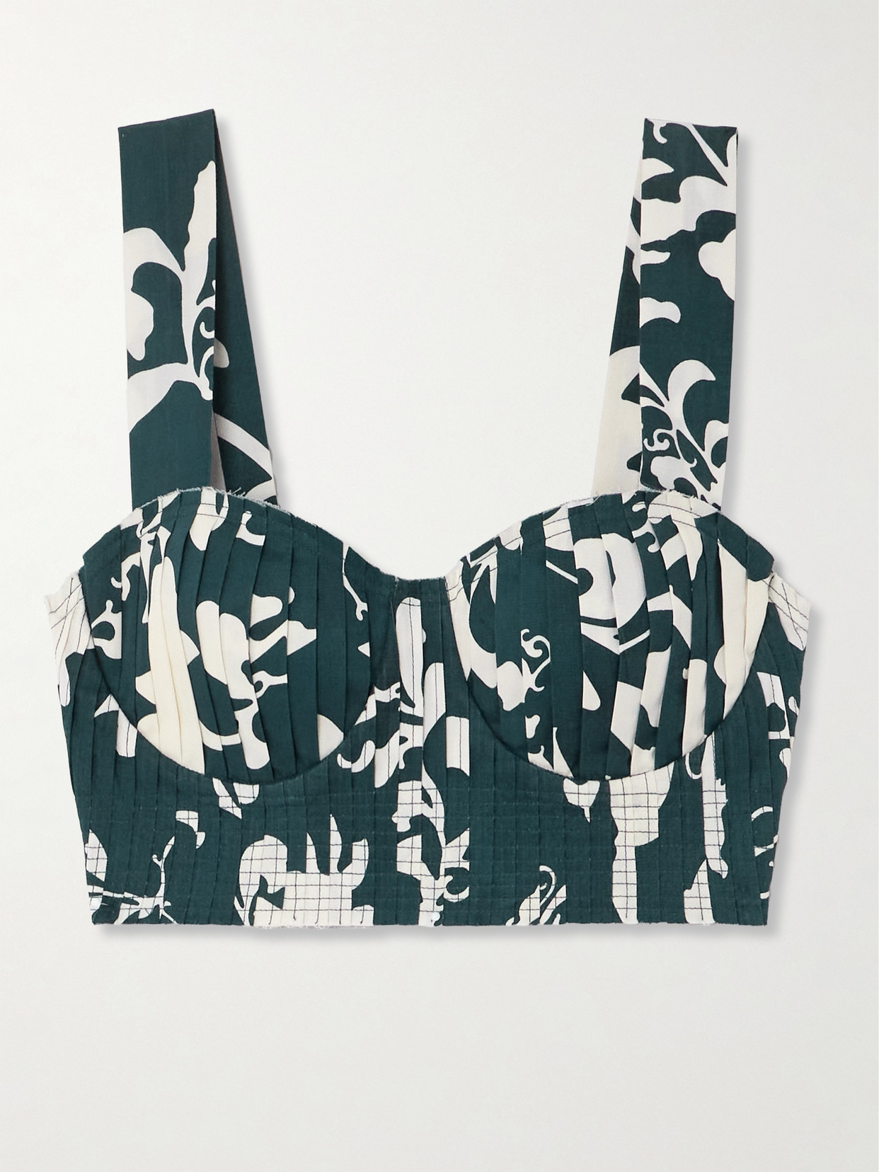 Emporio Sirenuse Dalia Pleated Frayed Floral-print Cotton Bustier Top In Blue