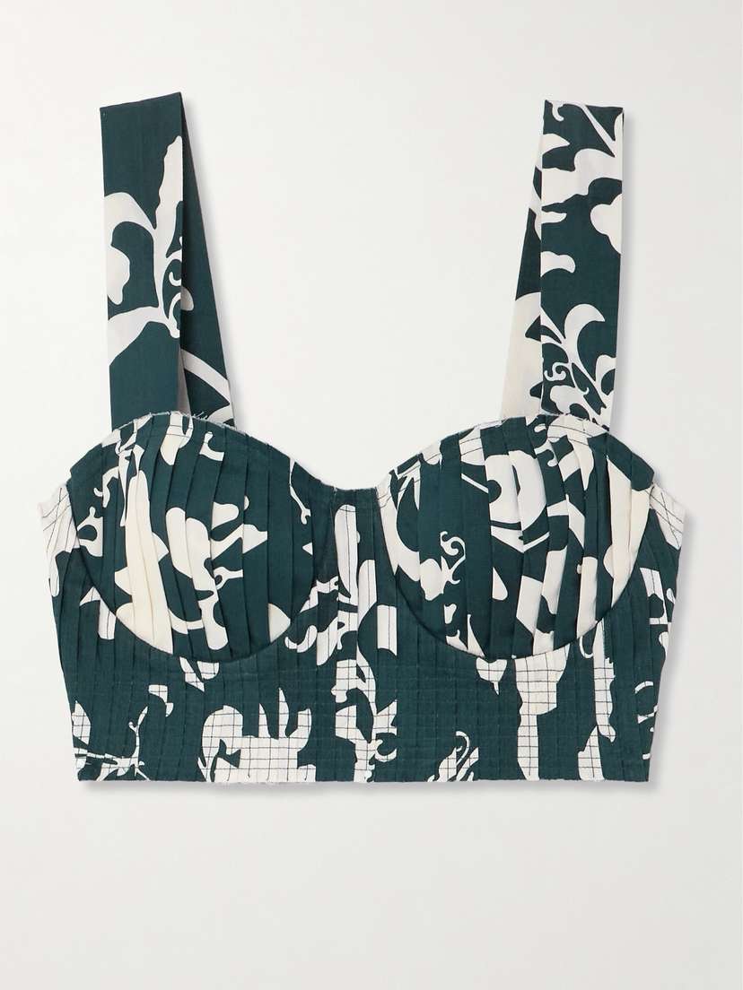 Emporio Sirenuse Dalia Pleated Frayed Floral-print Cotton Bustier Top