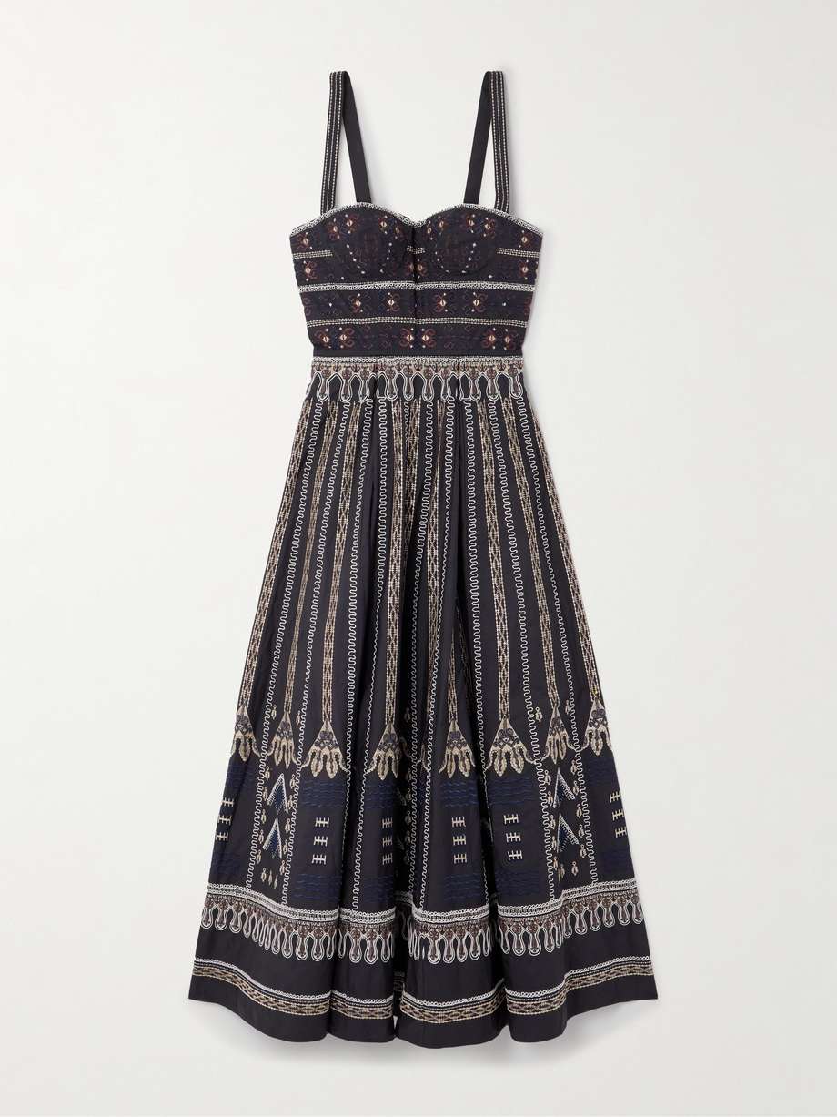 elida calliope pleated embroidered cotton-blend poplin midi dress