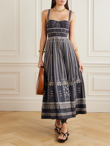Emporio Sirenuse Elida Calliope pleated embroidered cotton-blend poplin midi dress