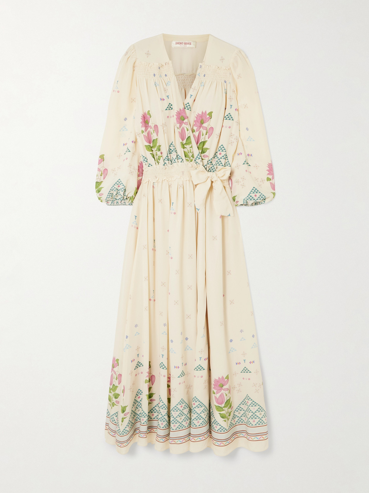 Emporio Sirenuse Lavinia Belted Floral-print Silk Crepe De Chine Wrap Maxi Dress In White