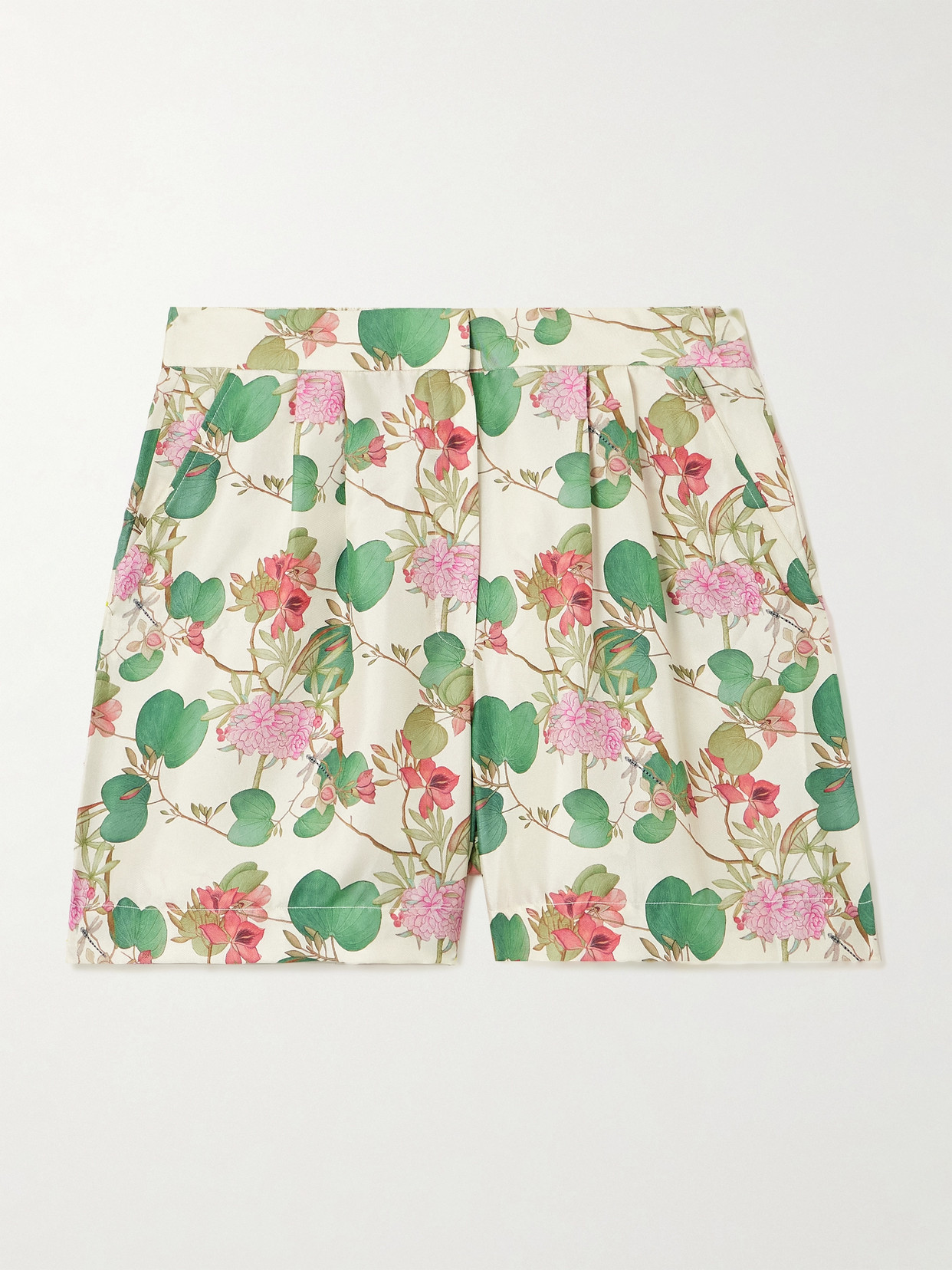 Emporio Sirenuse Tamu Pleated Floral-print Silk-twill Shorts In White