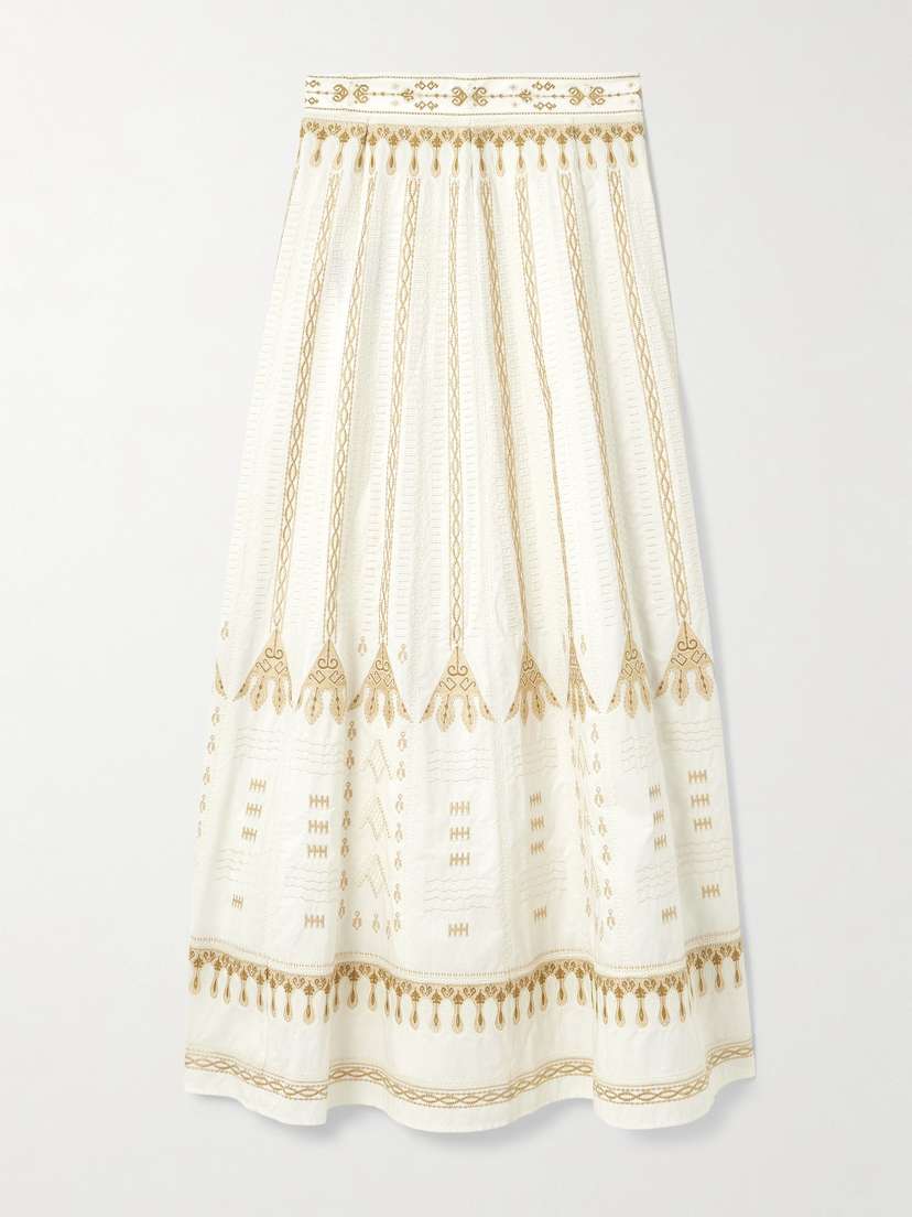 Emporio Sirenuse Camille Calliope Paneled Embroidered Cotton-blend Poplin Maxi Skirt
