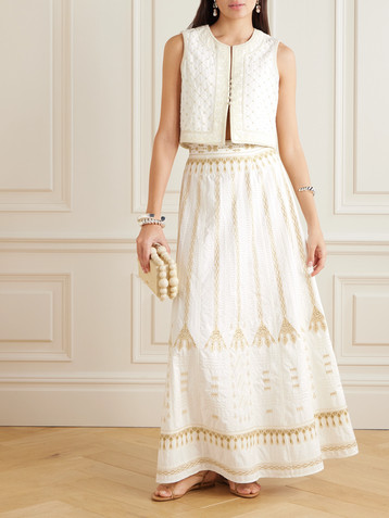 Emporio Sirenuse Camille Calliope paneled embroidered cotton-blend poplin maxi skirt
