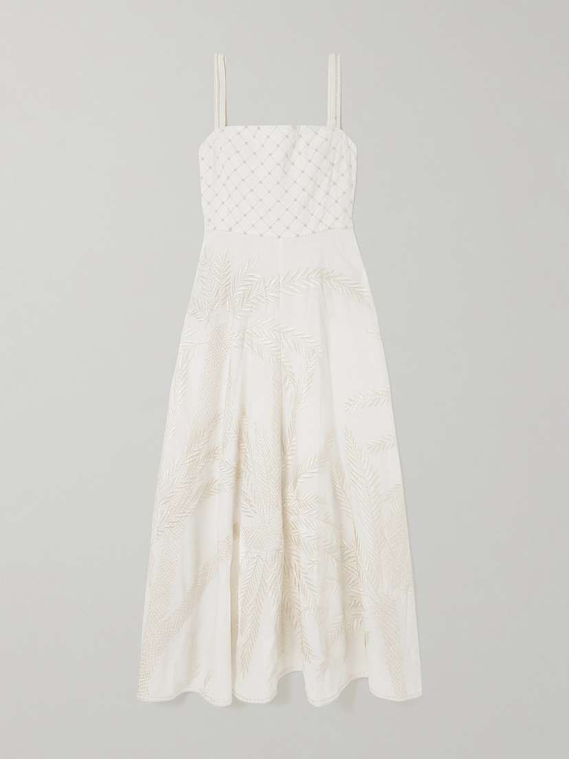 Emporio Sirenuse Anabel Bead-embellished Embroidered Ramie And Linen-blend Midi Dress