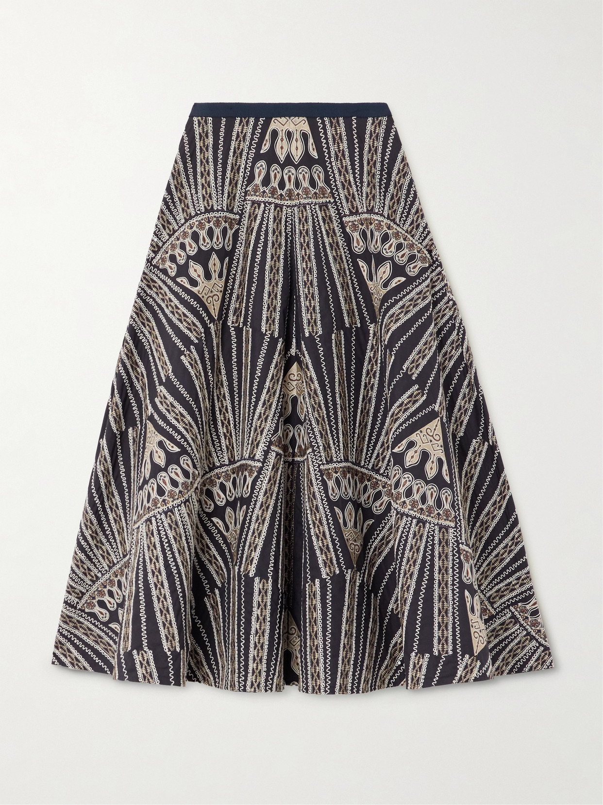Emporio Sirenuse - Tasha 2 Calliope Paneled Embroidered Cotton-blend Poplin Midi Skirt - Gray