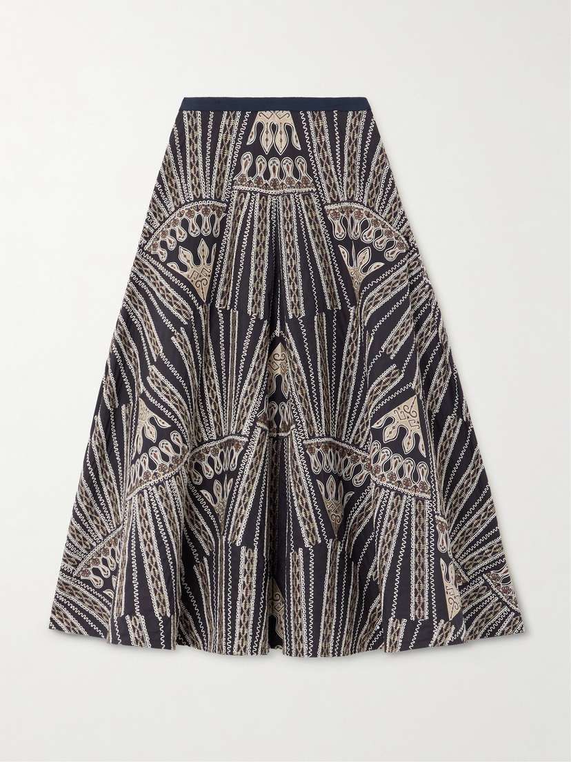 Emporio Sirenuse Tasha 2 Calliope Paneled Embroidered Cotton-blend Poplin Midi Skirt