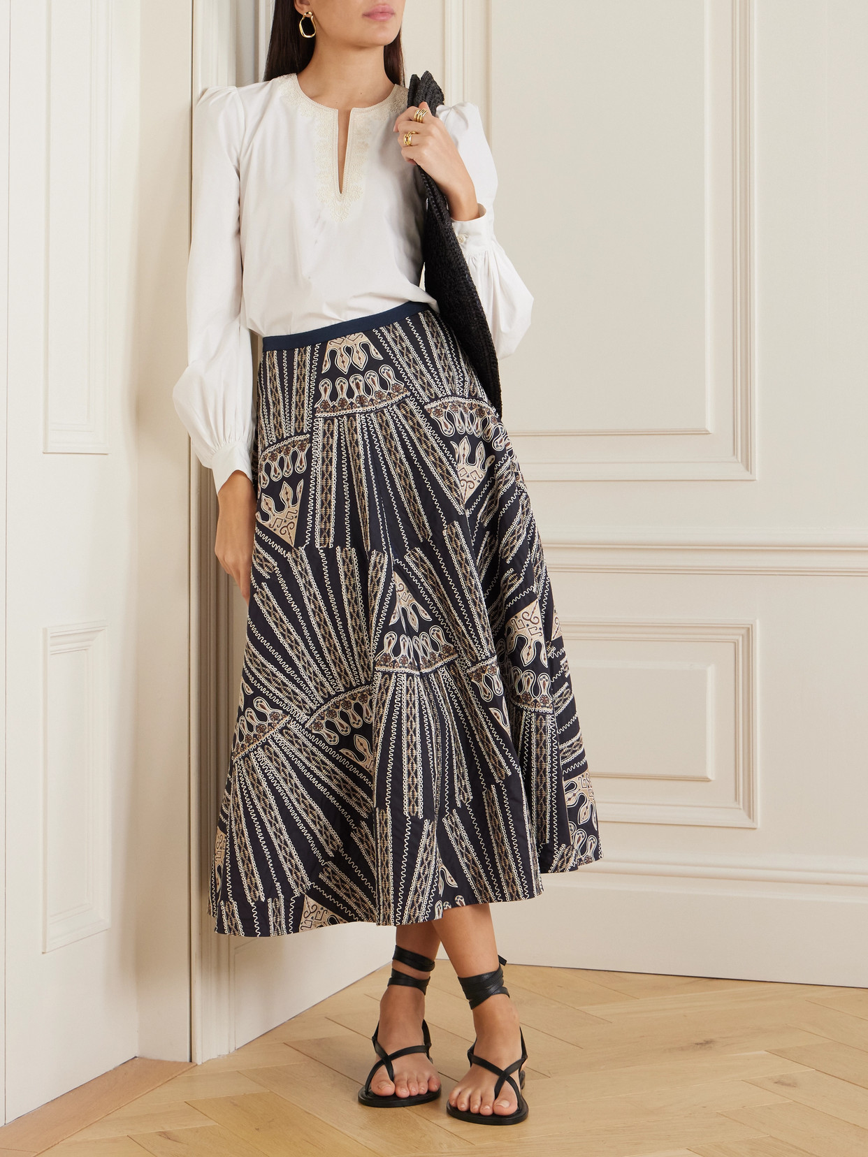 Tasha 2 Calliope Paneled Embroidered Cotton-Blend Poplin Midi