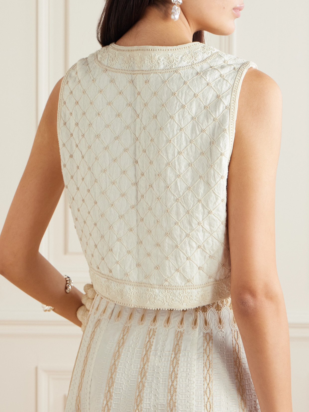 Emporio Sirenuse Clara Palm Bead-embellished Embroidered Ramie And Linen-blend Vest In White
