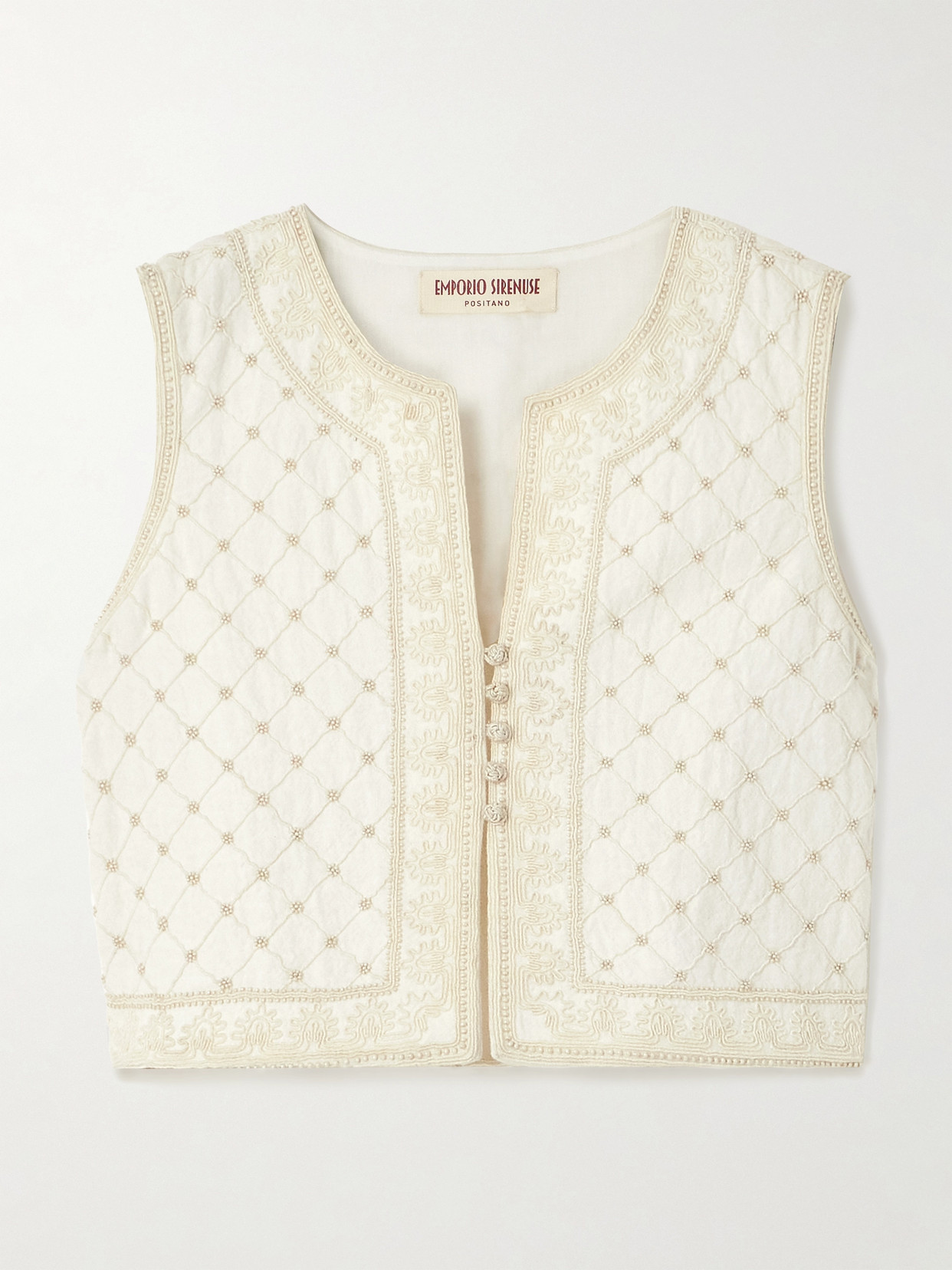 Emporio Sirenuse Clara Palm Bead-embellished Embroidered Ramie And Linen-blend Vest In White