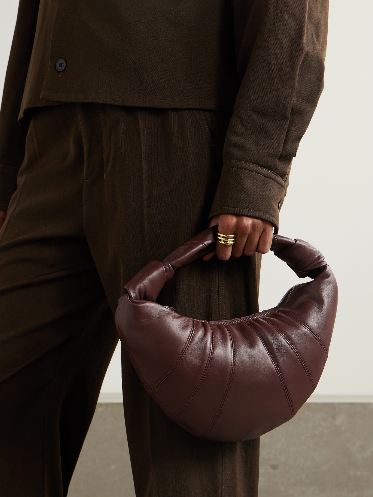Lemaire Mini Fortune Croissant Paneled Leather Shoulder Bag In Brown