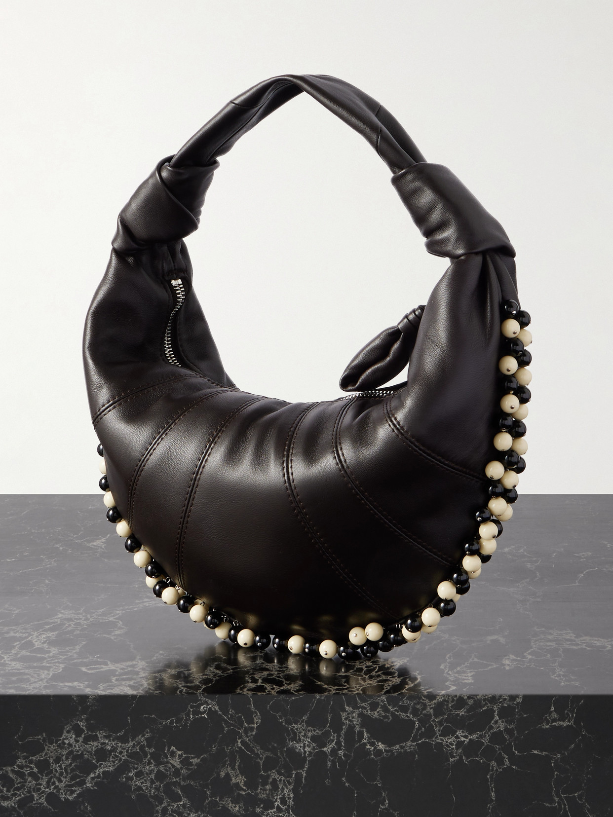LEMAIRE MINI FORTUNE CROISSANT BEAD-EMBELLISHED PANELED LEATHER SHOULDER BAG