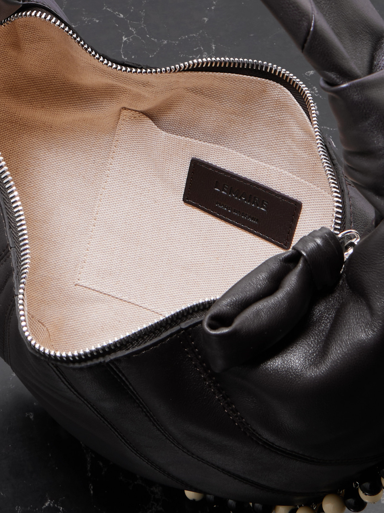 LEMAIRE MINI FORTUNE CROISSANT BEAD-EMBELLISHED PANELED LEATHER SHOULDER BAG