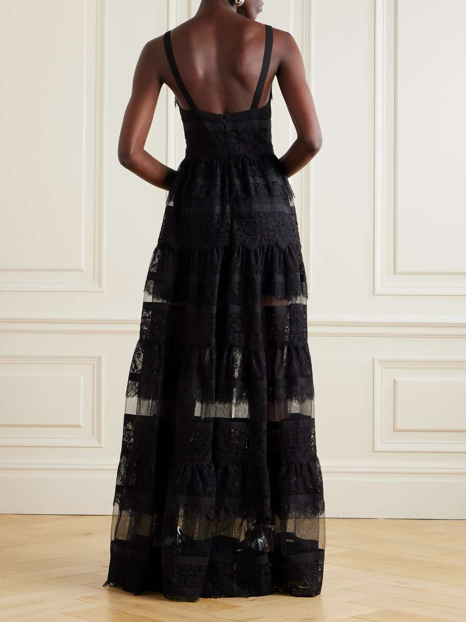 tiered mesh and lace gown