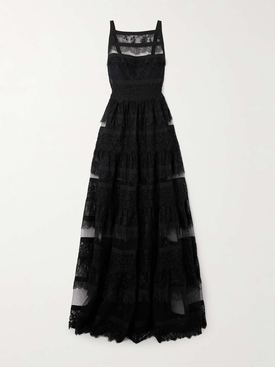 tiered mesh and lace gown