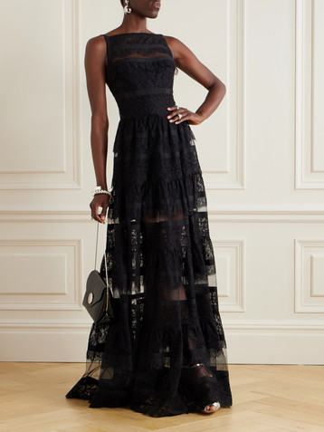 Elie Saab Tiered mesh and lace gown