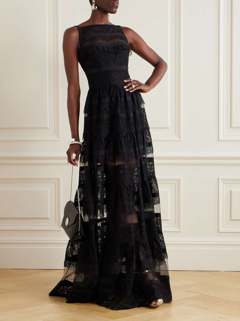 tiered mesh and lace gown