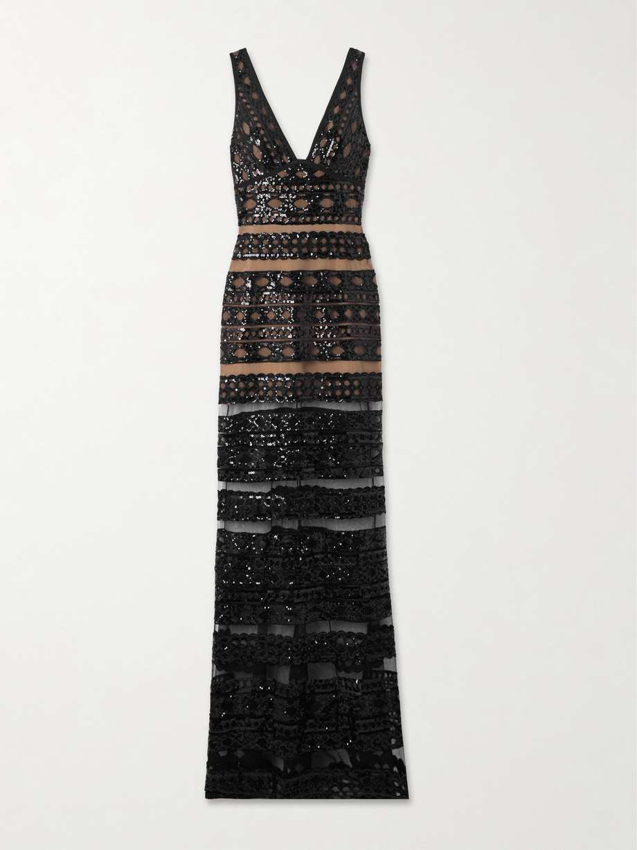 sequined lace-trimmed tulle gown