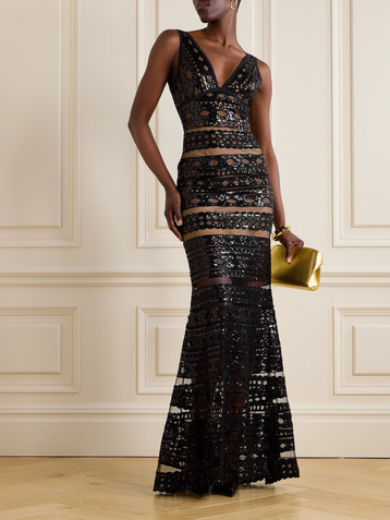 Elie Saab Sequined lace-trimmed tulle gown