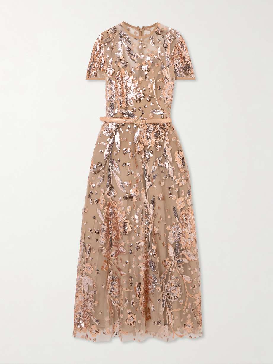 belted sequin-embellished tulle midi dress