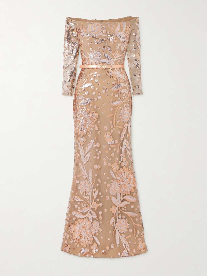Elie Saab Belted Off-the-shoulder Sequin-embellished Silk-blend Tulle Gown