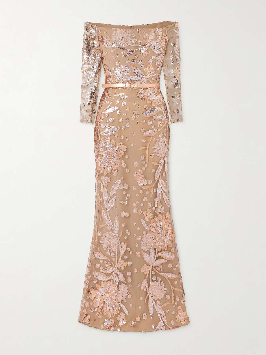 belted off-the-shoulder sequin-embellished silk-blend tulle gown