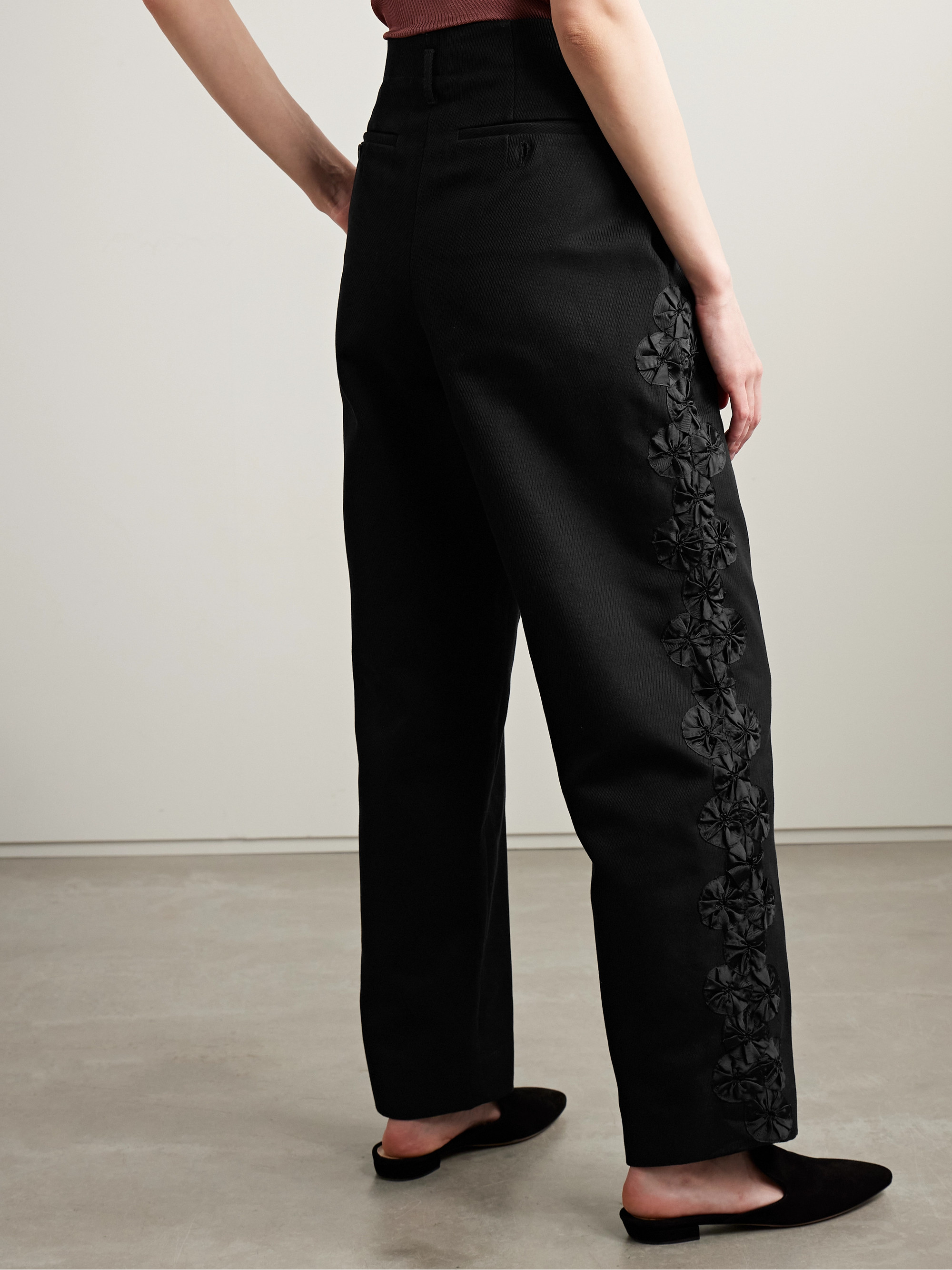 Bode Ribbon Garland satin-trimmed pleated cotton-twill wide-leg pants